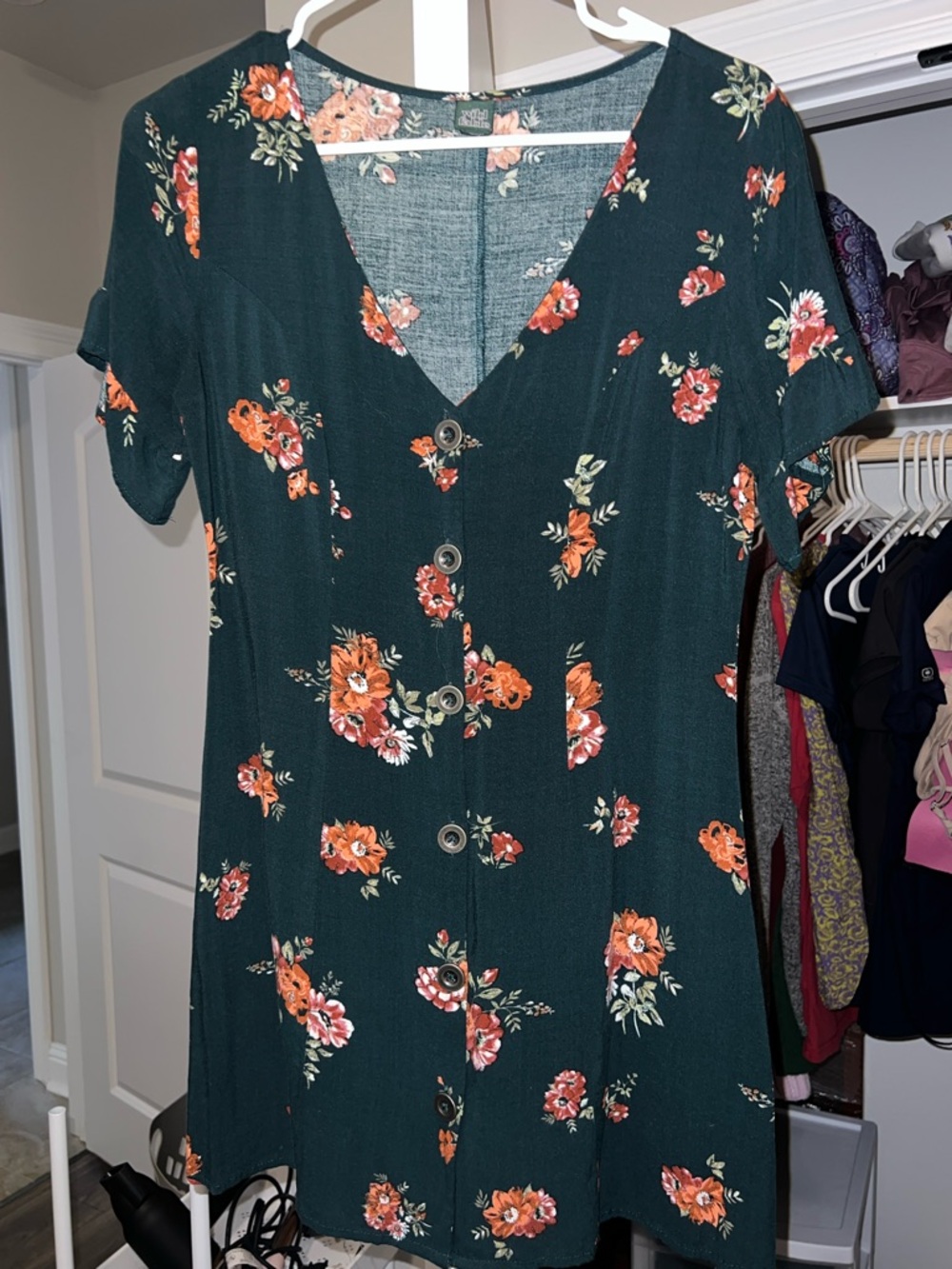 wild fable Dark Green V-Neck Tunic with Orange Floral Print